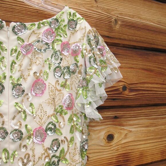 Mac Duggal Womens Floral Embellished Flutter Cap Sleeve Dress 5722 Cream - Picture 13 of 16